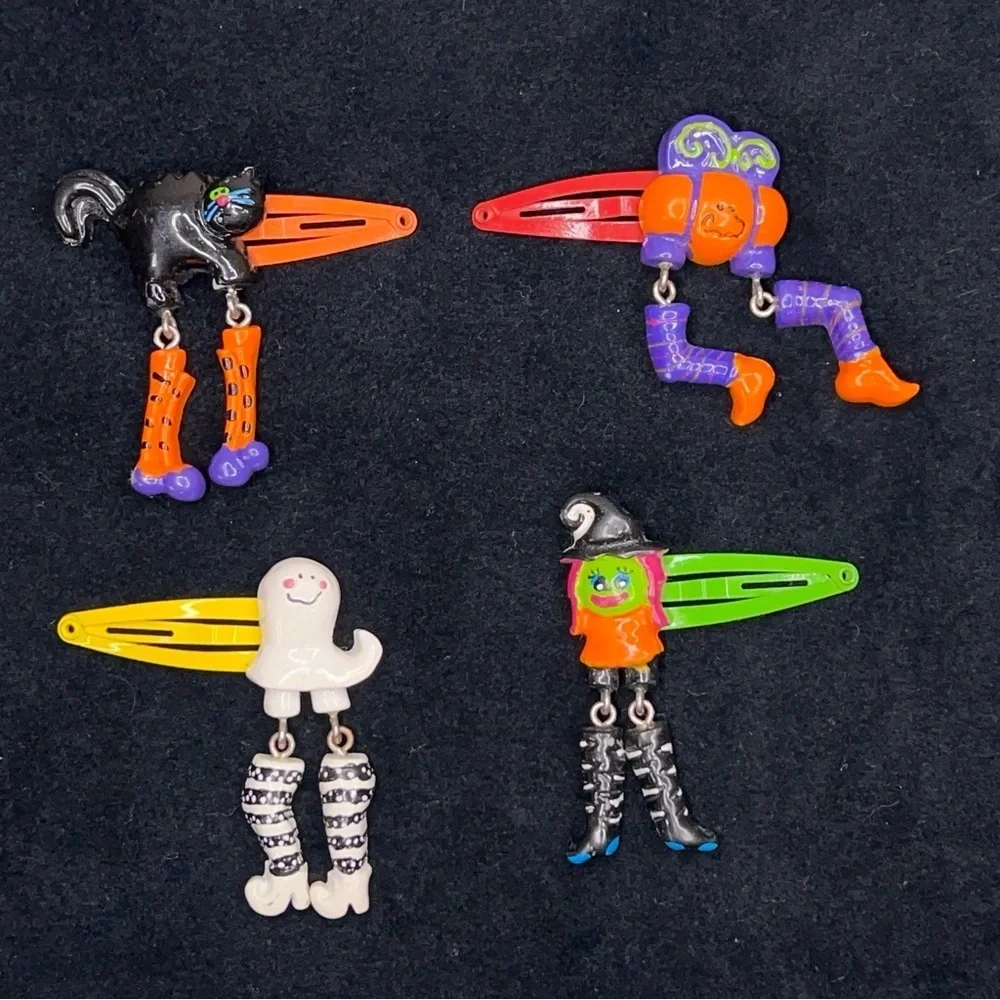 Vintage Set Of 4 Halloween 90s Era Hair Clips Orange Purple Ghost Witch Goth